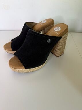 Yellow Box Black Suede Espadrille Block Heel Mules 8